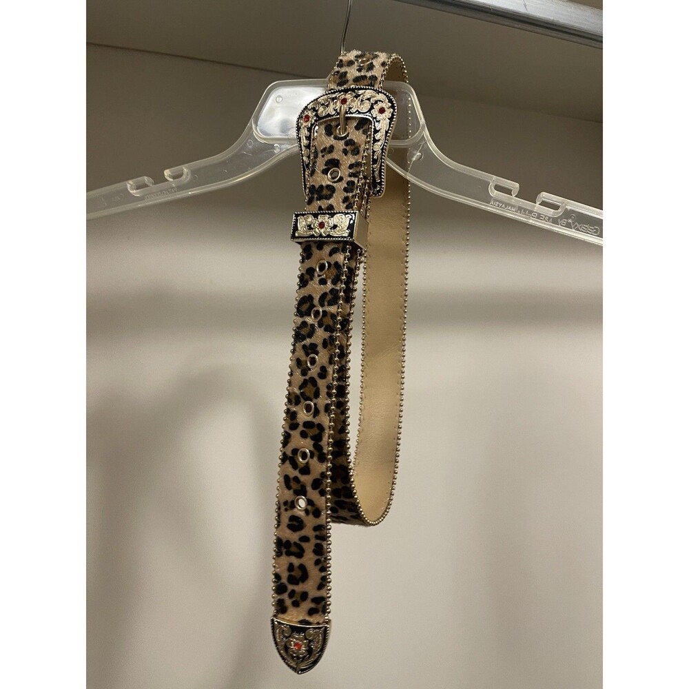 Vintage Style Gold Crystal Studded Leopard Western Leather Cowboy Belt Sz 26-34”